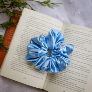 Frostveil satin scrunchie – handmade icy blue winter hair tie for readers in the UK