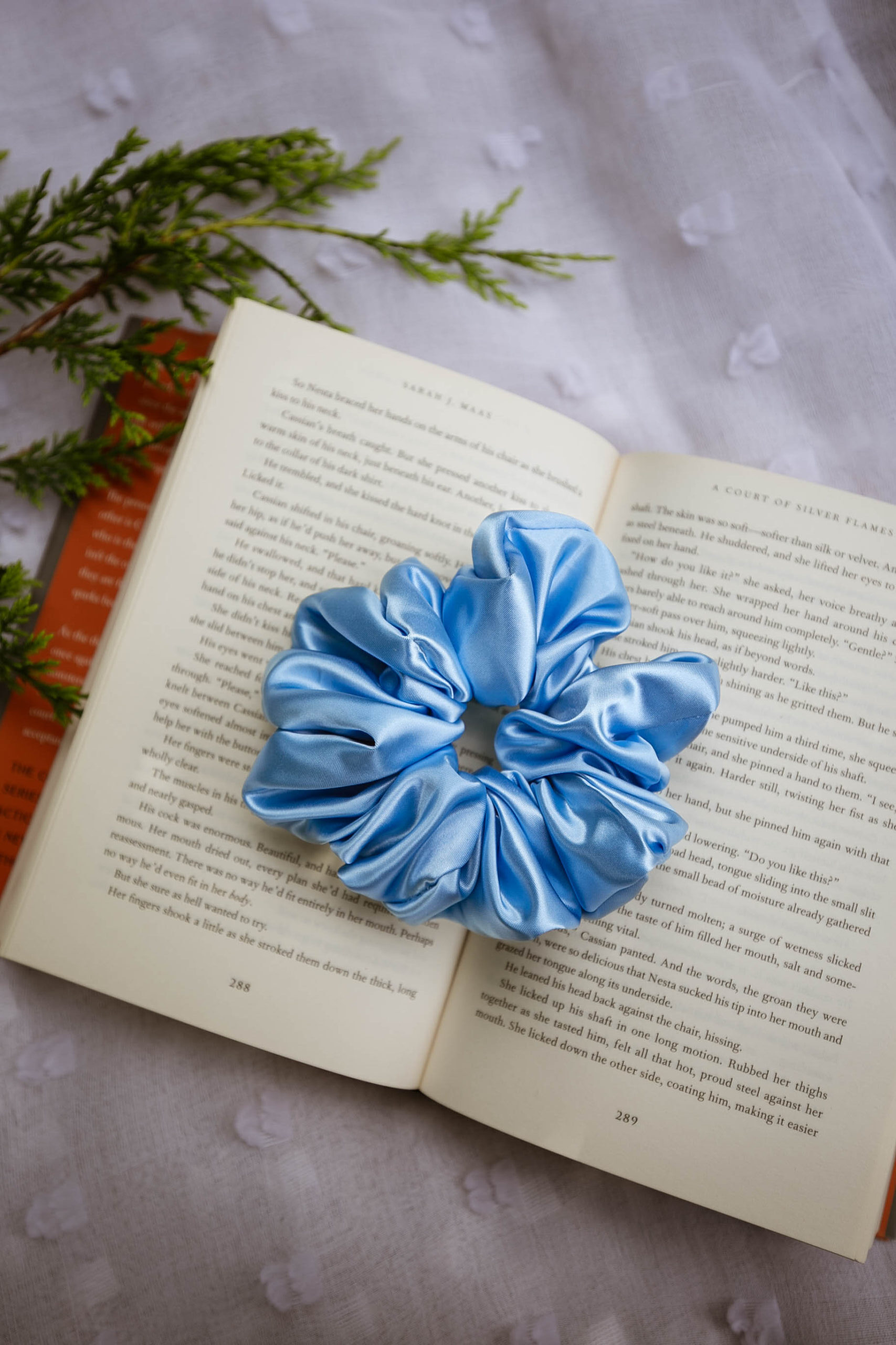 Frostveil satin scrunchie – handmade icy blue winter hair tie for readers in the UK