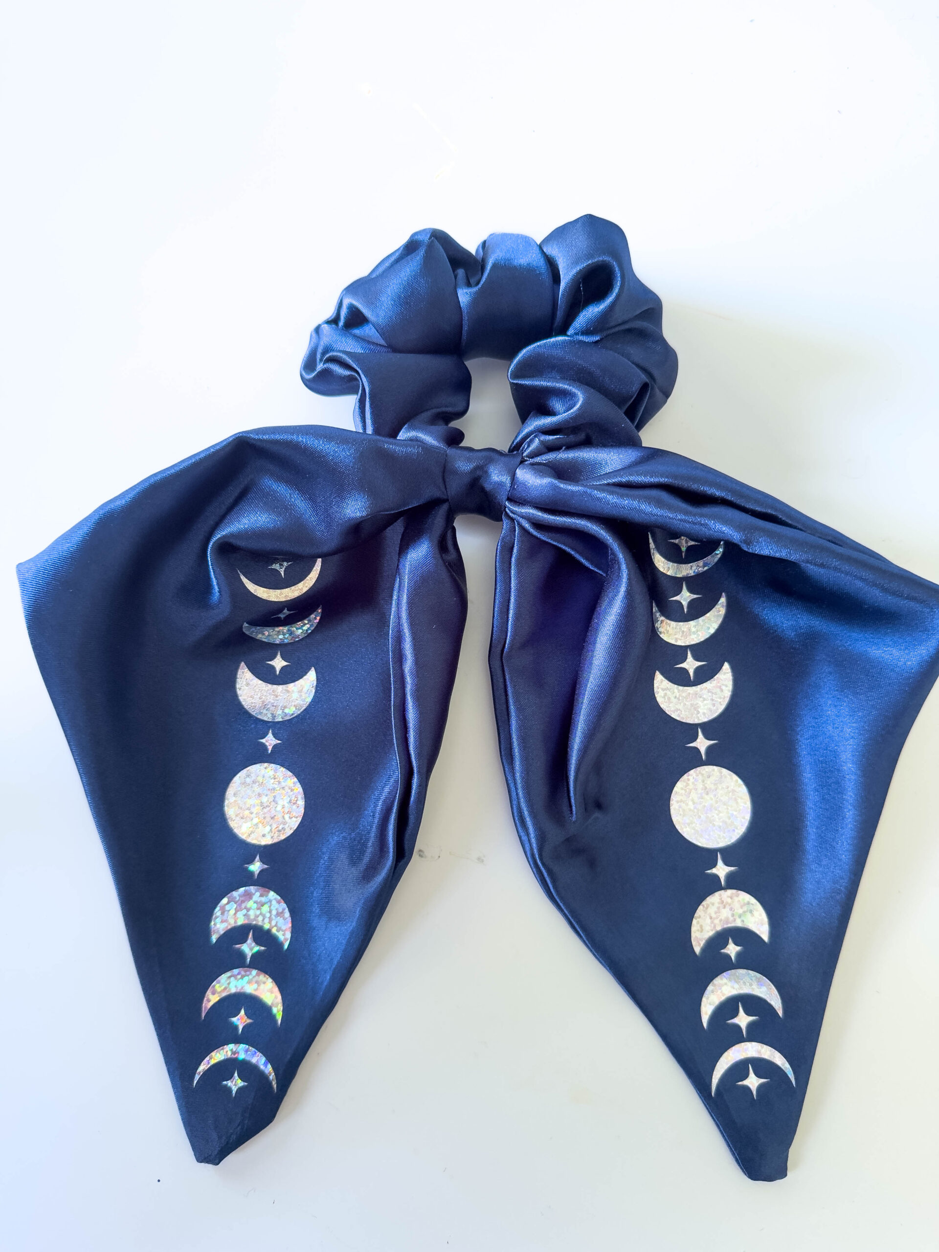 ACOTAR inspired moon phase satin scrunchie with bow – handmade UK bookish hair accessory